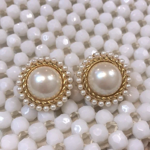 Ensemble Collier + Boucles D'oreilles Clips Vintage RICHELIEU - Fausses Perles Ton Or - Années 80